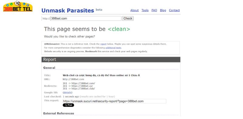 Kết quả kiểm tra tính an toàn của 388bet.com bằng công cụ UnMask Parasites
